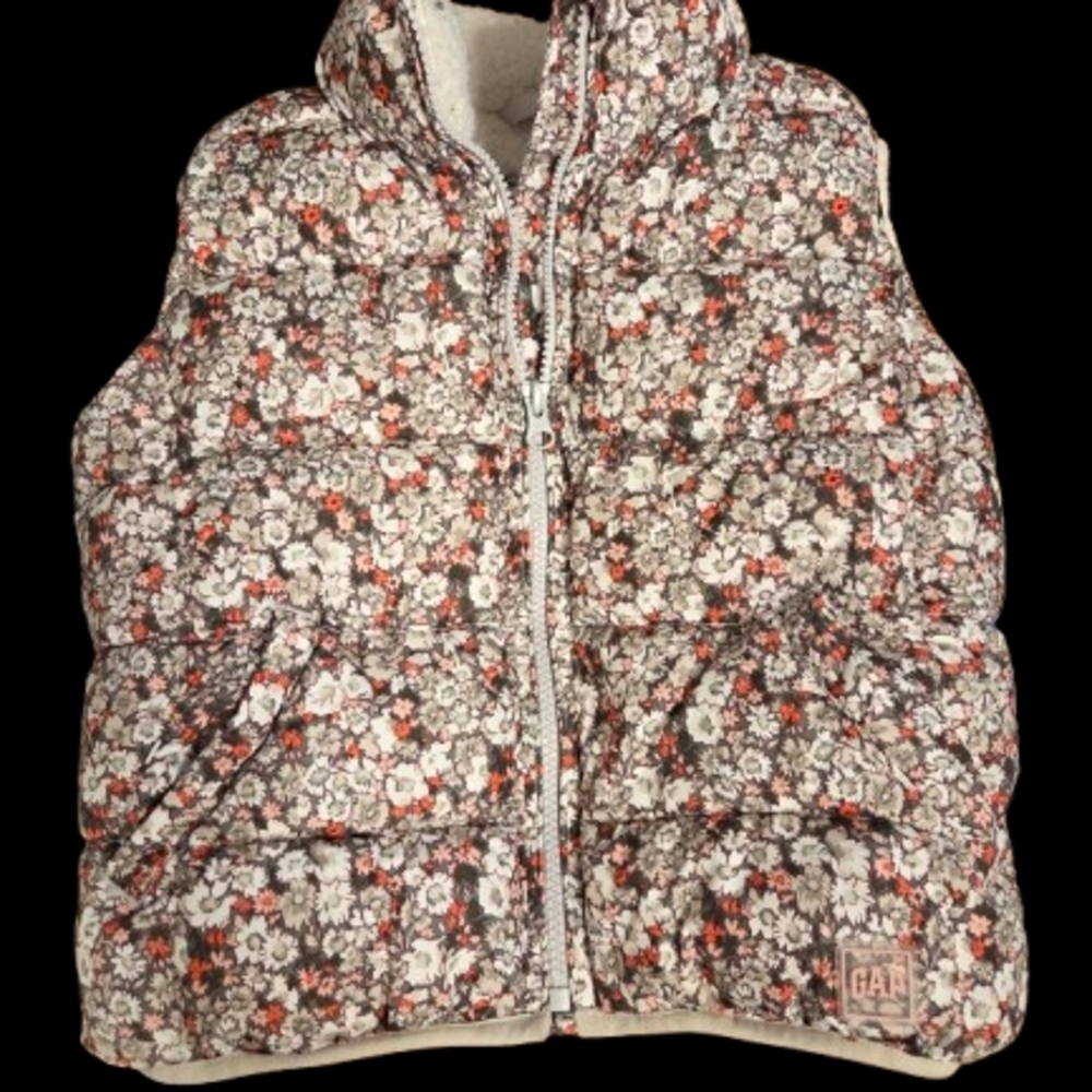 GAP Kids Floral Puffer Vest - Black, White, and Red